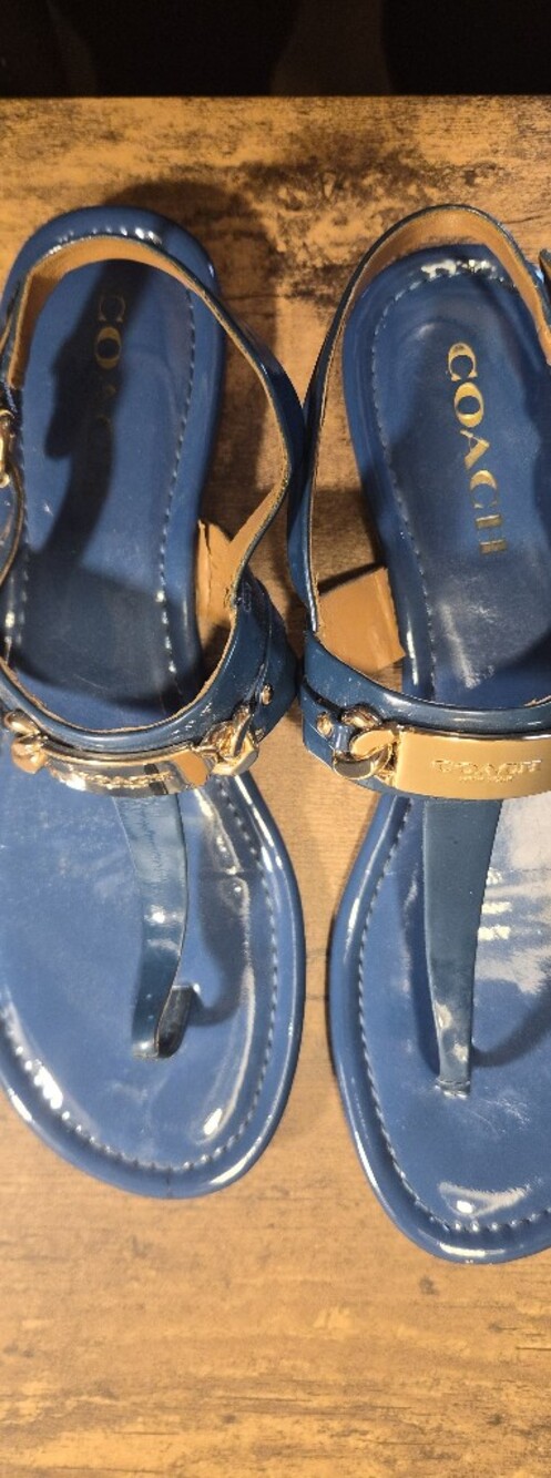 Coach Women's Blue Patent Leather T-Strap Sandals with Gold Hardware